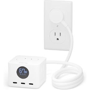 Plugable 67W USB C Power Strip, USBC Charging Station Extension Cord with Multiple Outlets, Flat Wall Plug and Watt Meter, 3x USB-C, 3x AC Power Outlets for iPhone 15, Travel, Office, 5Ft, PS3-METERC3