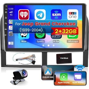 Roinvou 2+64G Android CarPlay Stereo for Jeep Grand Cherokee 1999-2004, Built-in Wireless CarPlay Radio with Android Auto, 9'' Touchscreen in-Dash GPS Navigation Support Mirror Link BT HiFi RDS