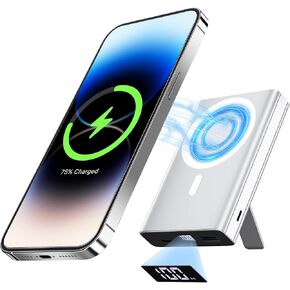 LULULOOK Power Bank Portable Charger, 10000mAh Mag-Safe Compatible Battery Pack with Foldable Stand, 15W Magnetic Wireless Fast Charging for iPhone 15/14/13/12, USB-A to USB-C Cable Included