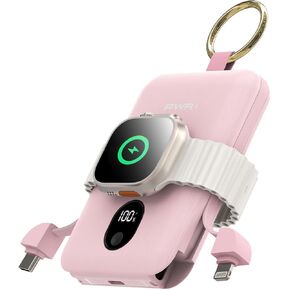 PWR Versa 4 in 1 Apple Watch Portable Charger, 5000mAh iWatch Wireless Charger Power Bank with Built-in Cables, Travel Keychain Charger for Multiple Devices with Ring Attachment
