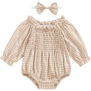 Newborn Baby Girl Long Sleeve Ruffle Smocked Bubble Romper With Headband Cute Boho Bodysuit Spring Fall Clothes