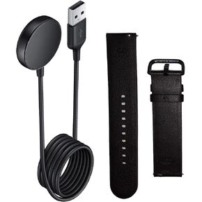 Samsung Galaxy Watch Wireless Charger & Genuine Leather Strap Band Buckle - for Galaxy Watch 3,4, Watch 5 PRO, Active1, 2, 41mm/20mm EP-OR825BB (US Retail Packing)