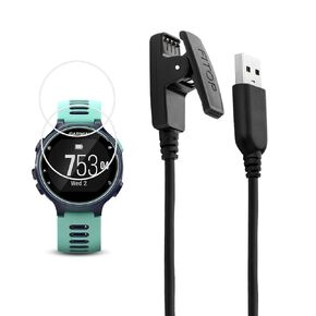 JIUJOJA for Garmin Forerunner 735xt Charger Charging Clip Synchronous Data Cable and 2Pcs Free HD Tempered Glass Screen Protector Replacment Charger for Garmin Forerunner 735 Smart Watch