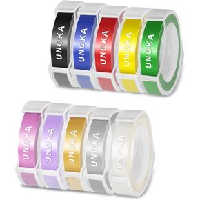 UNOKA Embossing Label Maker Tape Refills Replace for DYMO Organizer Xpress Embossed 1540 1550 1570 12965, Light Pink/Light Purple/Gold/Yellow/Silver/Clear/Black/Blue/Red/Green, 3/8in x 9.8ft, 10PK
