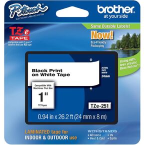 Genuine Brother 1" (24mm) Black on White TZe P-Touch Tape for Brother PT-D600, PTD600 Label Maker with Free TZe Tape Guide Included