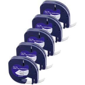 91331 Replacement for Dymo Letratag Refills White Plastic Label Tape 12mm x 4m 1/2'' x 13' for LT-100H LT-200B LT-100T XR QR Letra tag Label Maker Refills, 5 Packs
