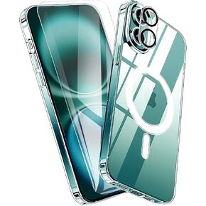 for iPhone 16 ProMax Case,Crystal Clear Magnetic iPhone 16 Pro Max Phone Case with Screen Protector & Camera Cover Compatible with Magsafe Shockproof Slim Silicone TPU Bumper Hard PC Cover