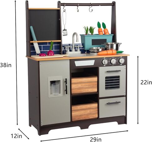 Kitchen Playset for Kids Ages 3-8, Wooden Pretend Play Kitchen, Incloud Telephone, Ice Maker, Refrigerator, Dimensions: 35" H x 31" W x 12" D in Saudi Arabia