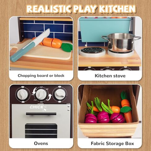 Kitchen Playset for Kids Ages 3-8, Wooden Pretend Play Kitchen, Incloud Telephone, Ice Maker, Refrigerator, Dimensions: 35" H x 31" W x 12" D in Saudi Arabia
