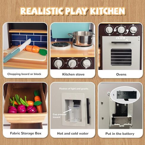 Kitchen Playset for Kids Ages 3-8, Wooden Pretend Play Kitchen, Incloud Telephone, Ice Maker, Refrigerator, Dimensions: 35" H x 31" W x 12" D in Saudi Arabia
