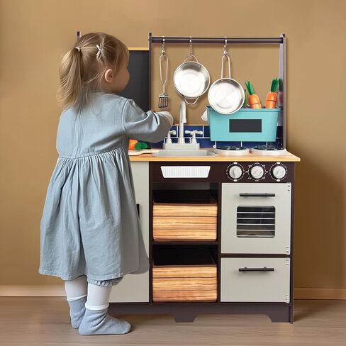 Kitchen Playset for Kids Ages 3-8, Wooden Pretend Play Kitchen, Incloud Telephone, Ice Maker, Refrigerator, Dimensions: 35" H x 31" W x 12" D in Saudi Arabia