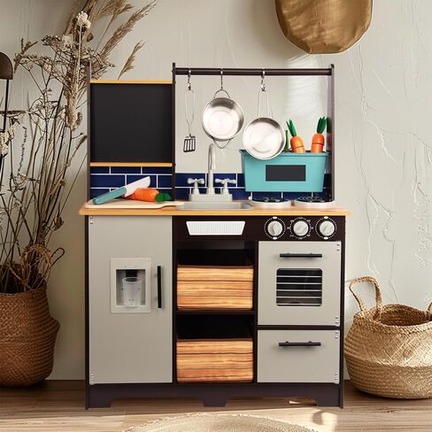 Kitchen Playset for Kids Ages 3-8, Wooden Pretend Play Kitchen, Incloud Telephone, Ice Maker, Refrigerator, Dimensions: 35" H x 31" W x 12" D in Saudi Arabia