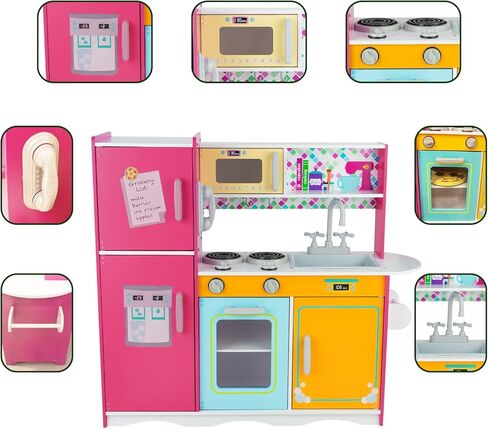 Kitchen Playset for Kids Ages 3-8, Wooden Pretend Play Kitchen, Incloud Telephone, Ice Maker, Refrigerator, Dimensions: 35" H x 31" W x 12" D in Saudi Arabia