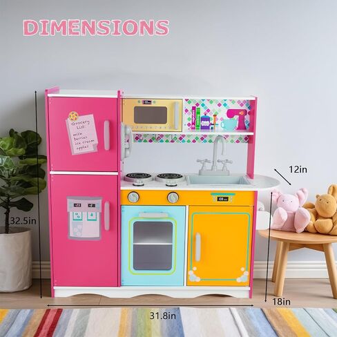Kitchen Playset for Kids Ages 3-8, Wooden Pretend Play Kitchen, Incloud Telephone, Ice Maker, Refrigerator, Dimensions: 35" H x 31" W x 12" D in Saudi Arabia