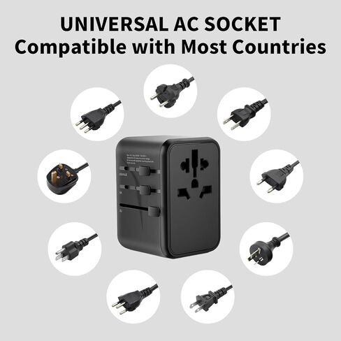 Universal Travel Adapter Converters, 12W GaN Adapter with 1 USB-C & 2 USB-A Ports, Worldwide AC Outlet for EU/UK/AUS/Ireland Plugs, Essential for Airplane Travel, 100-250V, Black in Saudi Arabia