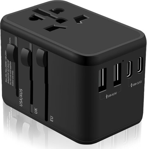 Universal Travel Adapter Converters, 12W GaN Adapter with 1 USB-C & 2 USB-A Ports, Worldwide AC Outlet for EU/UK/AUS/Ireland Plugs, Essential for Airplane Travel, 100-250V, Black in Saudi Arabia