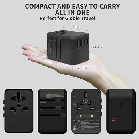 Universal Travel Adapter Converters, 12W GaN Adapter with 1 USB-C & 2 USB-A Ports, Worldwide AC Outlet for EU/UK/AUS/Ireland Plugs, Essential for Airplane Travel, 100-250V, Black in Saudi Arabia
