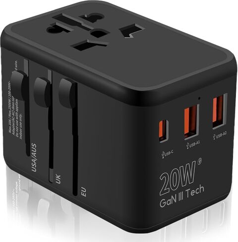 Universal Travel Adapter Converters, 12W GaN Adapter with 1 USB-C & 2 USB-A Ports, Worldwide AC Outlet for EU/UK/AUS/Ireland Plugs, Essential for Airplane Travel, 100-250V, Black in Saudi Arabia