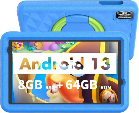 VASOUN Kids Tablet 8 inch, Android 13 Tablet for Kids, 8GB(4gb+4gb Expand) RAM 64GB ROM, Toddler Tablet with Bluetooth, 5G WiFi, Kids App Pre-Installed, EVA Shockproof Case (Blue) in Kuwait