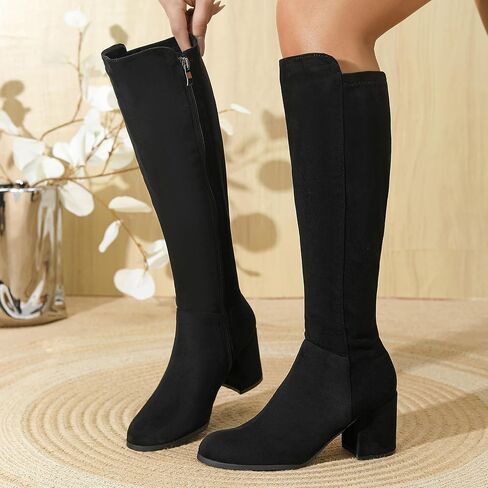 Women's Knee High Boots,Round Toe Stretchy Fashion Boots for Women, Low Block Heel Zipper Tall Boots for Wedding/Birthday Party/Date Dress in Saudi Arabia