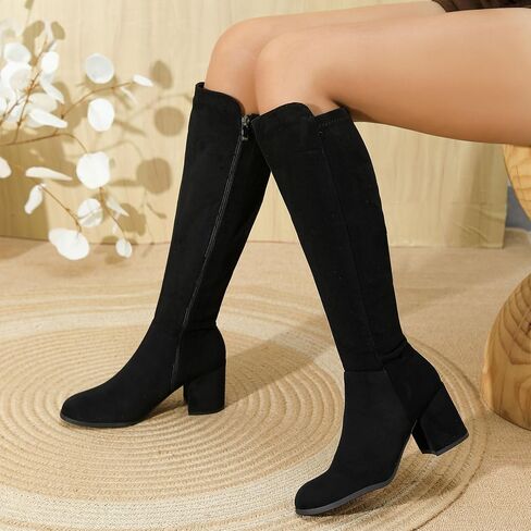 Women's Knee High Boots,Round Toe Stretchy Fashion Boots for Women, Low Block Heel Zipper Tall Boots for Wedding/Birthday Party/Date Dress in Saudi Arabia