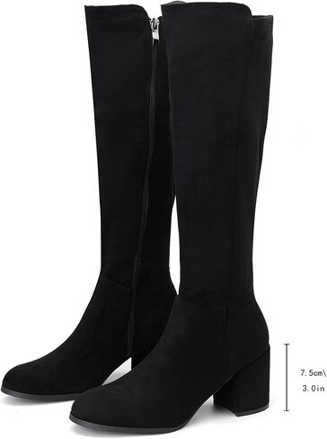 Women's Knee High Boots,Round Toe Stretchy Fashion Boots for Women, Low Block Heel Zipper Tall Boots for Wedding/Birthday Party/Date Dress in Saudi Arabia