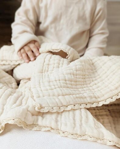 Cream Muslin Baby Blanket for Girls | 9 Layer Organic Lace Muslin Baby Girl Blanket | Gender Neutral Blanket | Crib Blanket for Girls | Muslin Quilt in Saudi Arabia
