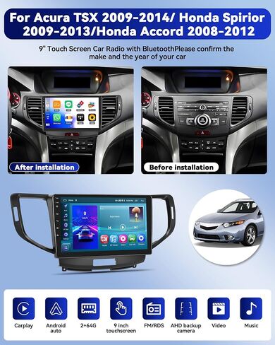 ستيريو سيارة CamECHO 2+64G Android 13 لسيارة Acura TSX 2009-2014/ Honda Spirior 2009-2013/Honda Accord 2008-2012، شاشة لمس 9 بوصات داخل لوحة القيادة GPS مع CarPlay وAndroid Auto Bluetooth WiFi RDS SWC Mirror Link in Saudi Arabia