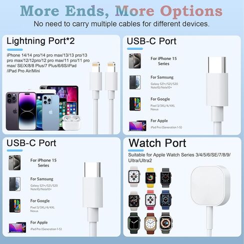 كابل شاحن الهاتف والساعة 4 في 1 من Opluz من النوع C، كابل شحن iWatch عالمي متعدد متوافق مع iPhone وiWatch وGalaxy وLighting*2+ مغناطيسي + USB C، شاحن سلك متعدد النوع C بطول 6أقدام/1.8 متر in Kuwait