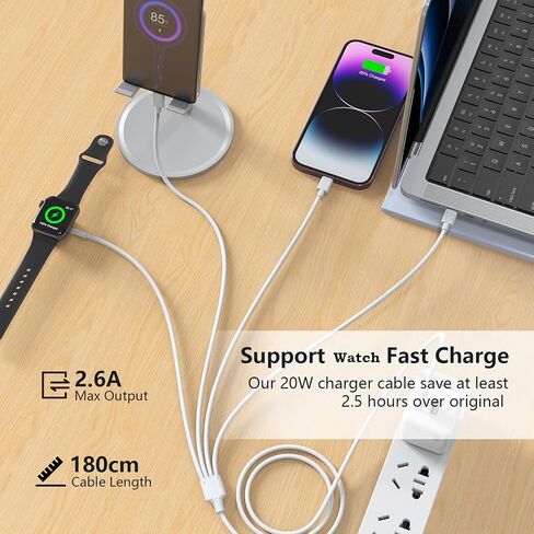كابل شاحن الهاتف والساعة 4 في 1 من Opluz من النوع C، كابل شحن iWatch عالمي متعدد متوافق مع iPhone وiWatch وGalaxy وLighting*2+ مغناطيسي + USB C، شاحن سلك متعدد النوع C بطول 6أقدام/1.8 متر in Kuwait