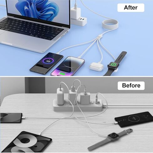 كابل شاحن الهاتف والساعة 4 في 1 من Opluz من النوع C، كابل شحن iWatch عالمي متعدد متوافق مع iPhone وiWatch وGalaxy وLighting*2+ مغناطيسي + USB C، شاحن سلك متعدد النوع C بطول 6أقدام/1.8 متر in Kuwait