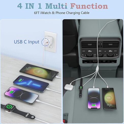 كابل شاحن الهاتف والساعة 4 في 1 من Opluz من النوع C، كابل شحن iWatch عالمي متعدد متوافق مع iPhone وiWatch وGalaxy وLighting*2+ مغناطيسي + USB C، شاحن سلك متعدد النوع C بطول 6أقدام/1.8 متر in Kuwait