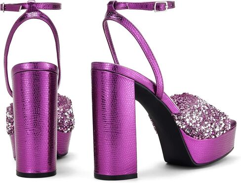 Elisabet Tang 4IN rhinstone square toe platform strappy chunky block dressy heeled sandals sparkly Lizard pattern leather heels for evening prom in Kuwait