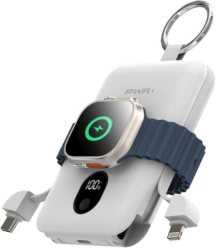 PWR Versa 4 in 1 Apple Watch Portable Charger, 5000mAh iWatch Wireless Charger Power Bank with Built-in Cables, Travel Keychain Charger for Multiple Devices with Ring Attachment in Saudi Arabia