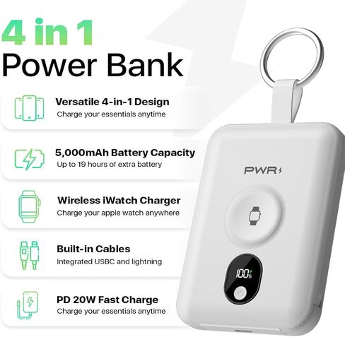 PWR Versa 4 in 1 Apple Watch Portable Charger, 5000mAh iWatch Wireless Charger Power Bank with Built-in Cables, Travel Keychain Charger for Multiple Devices with Ring Attachment in Saudi Arabia