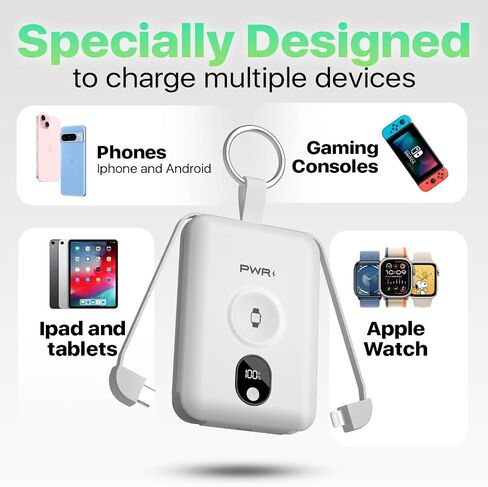 PWR Versa 4 in 1 Apple Watch Portable Charger, 5000mAh iWatch Wireless Charger Power Bank with Built-in Cables, Travel Keychain Charger for Multiple Devices with Ring Attachment in Saudi Arabia