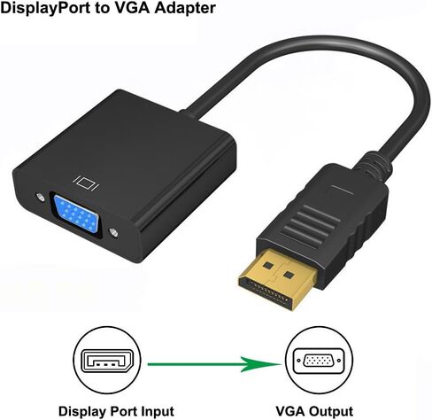 RIIPOO DisplayPort إلى VGA، محول DP إلى VGA أحادي الاتجاه ذكر إلى أنثى متوافق مع Dell وHP وASUS وLenovo للشاشة وجهاز العرض والتلفزيون عالي الدقة والمزيد in Saudi Arabia