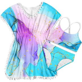 Girls Swimsuits Size 8 Kids Hawaiian Bathing Suit Palm Tree Bikini Cover Ups 3 Piece Tankini Swimming Set Pom Pom Trim 8-9