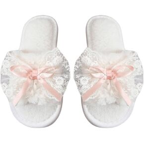 OYOANGLE Women's Lace Bow Decor Open Toe Plush Slippers Lightweight Comfortable Bedroom Fuzzy Slippers