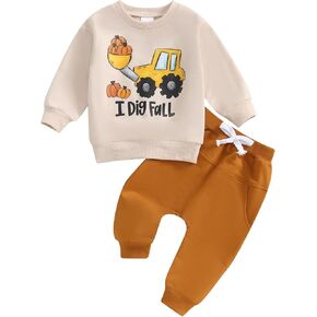 YOKJZJD 2Pcs Toddler Baby Boy Halloween Outfit I Dig Fall Truck Sweatshirt Long Sleeve T-Shirt Jogger Pants Set Fall Clothes