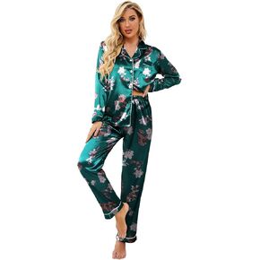 Ekouaer Pjs مجموعة ملابس نوم حريرية كلاسيكية بأزرار سفلية وياقة مشقوقة (PAT3، متوسط)
