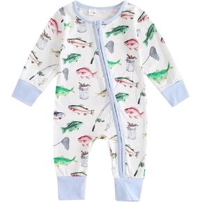Newborn Baby Girl Boy Clothes Fishing Long Sleeve Bubble Romper Zip Up Jumpsuit One Piece Cute Fall Winter Outfit