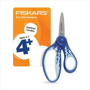 Fiskars 5 "مقص ذو طرف مدبب لليد اليسرى للأطفال الذين تتراوح أعمارهم بين 4 و 7 سنوات، للمدرسة أو الحرف اليدوية، البرق الأحمر