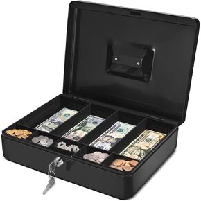 Flexzion Cash Box with Money Tray and Lock - Metal Cash Box for Small Businesses, 9-Compartment Green Money Box with Lock and Key for Petty Cash, Checks, Coins, Portable Money Box for Cash Storage