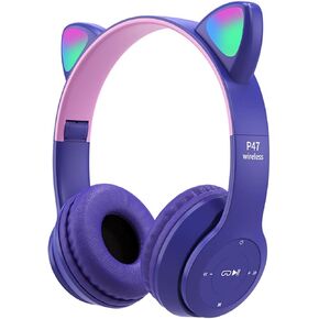 Kids Headphones, Cat Ear LED Light Up Bluetooth 5.0 Foldable Wireless Gaming Headset for Kids Adult, Built-in Mic Noise Cancelling Over Ear Headphones for Study/Travel(Purple)