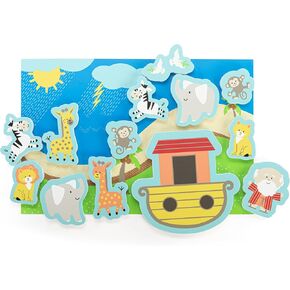 DEMDACO Love to Play 12.5 x 8 Inch Bathtub Toy Playset with Hanging Mesh Bag Organizer, Blue and Yellow, Noah's Ark