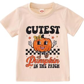BOUTIKOME Toddler Baby Girl Halloween T-Shirts Cutest Pumpkin in The Patch Graphic Shirts Kid Short Sleeve Tees Vintage Top