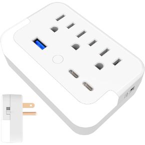 Portable Outlet Extender with Motion Sensor lamp,Power Strip with 3 Outlet and 3 USB Ports(2 USB-C Ports && 1 USB-A Port Total 15.5W/3.1A).Multi Plug Wall Outlet for Home Travel Office-White
