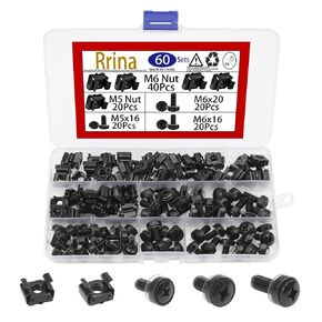 60 Sets M5 M6 Rack Mount Cage Square Insert Nuts Screws Washers Set for Server Routers Cabinet Shelves