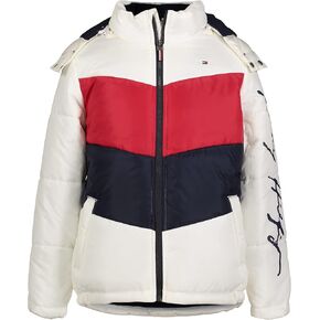 Tommy Hilfiger Boys' Heavyweight Puffer Jacket, Navy Blazer Chevron Colorblock, 7
